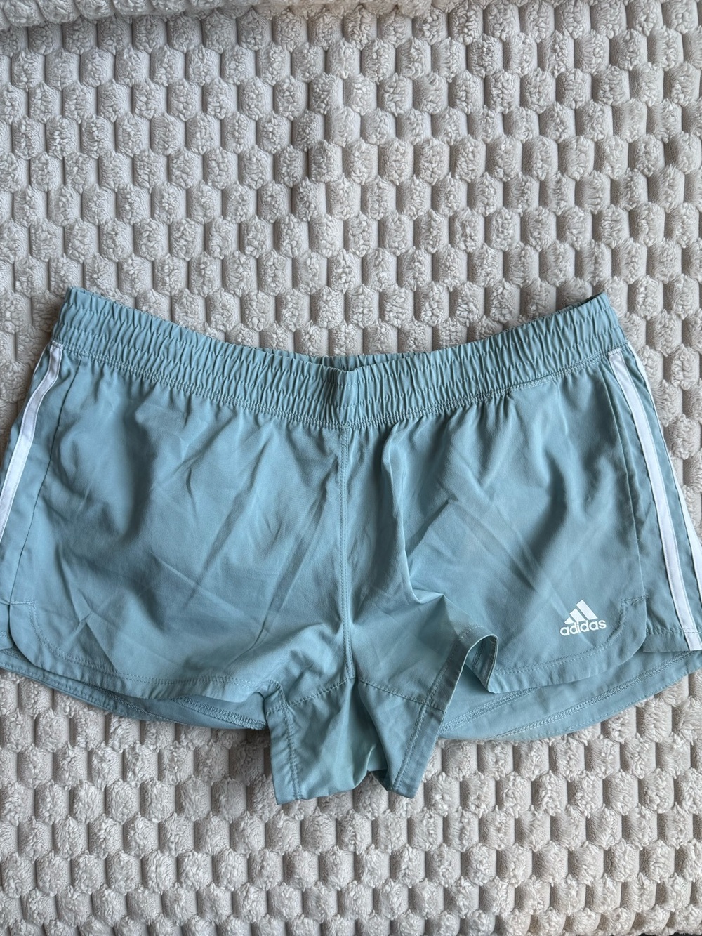 adidas Women's Light Blue Athletic Shorts with White Stripes